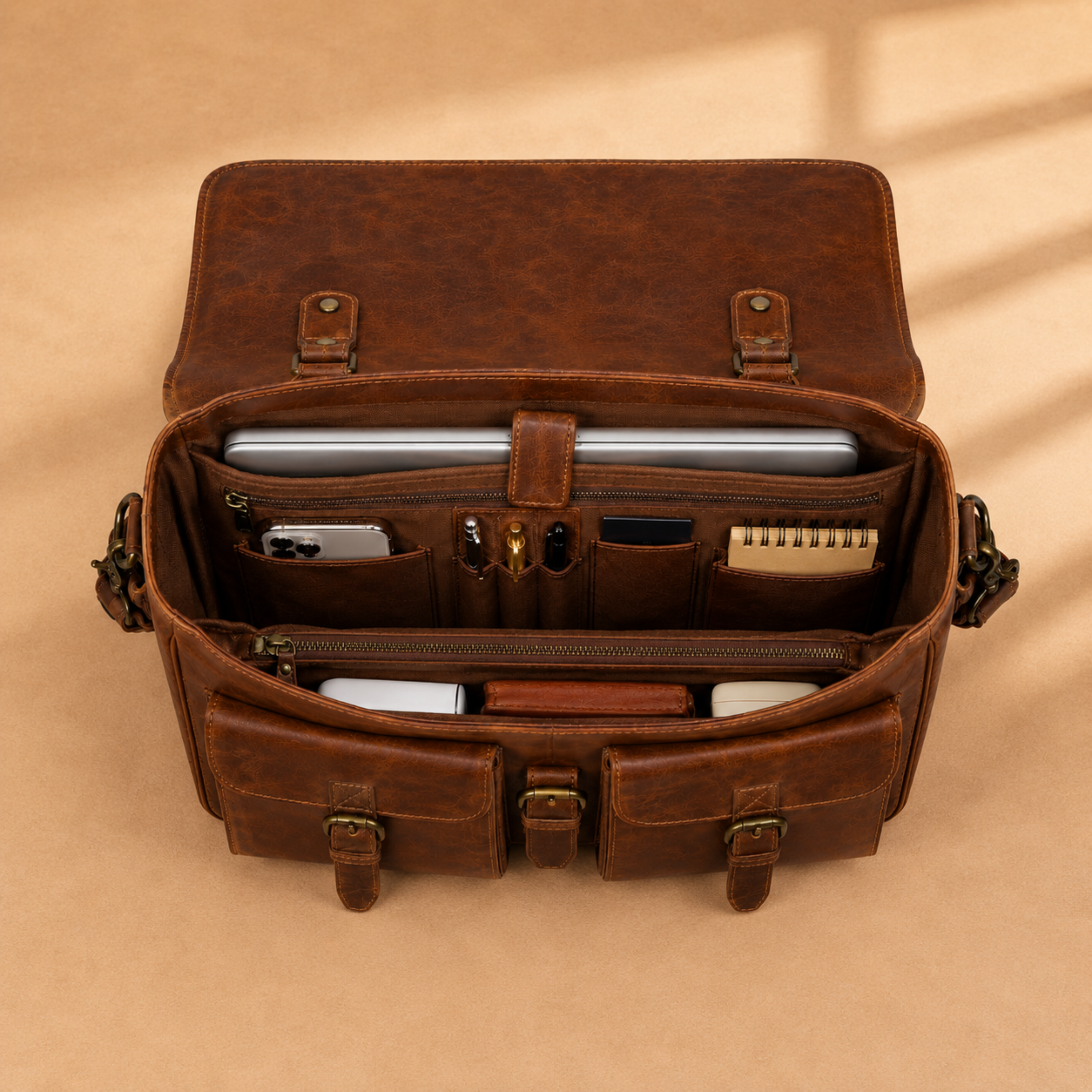 Vintage Leather Laptop Briefcase & Messenger Bag – Large Brown Work Bag with Adjustable Shoulder Strap