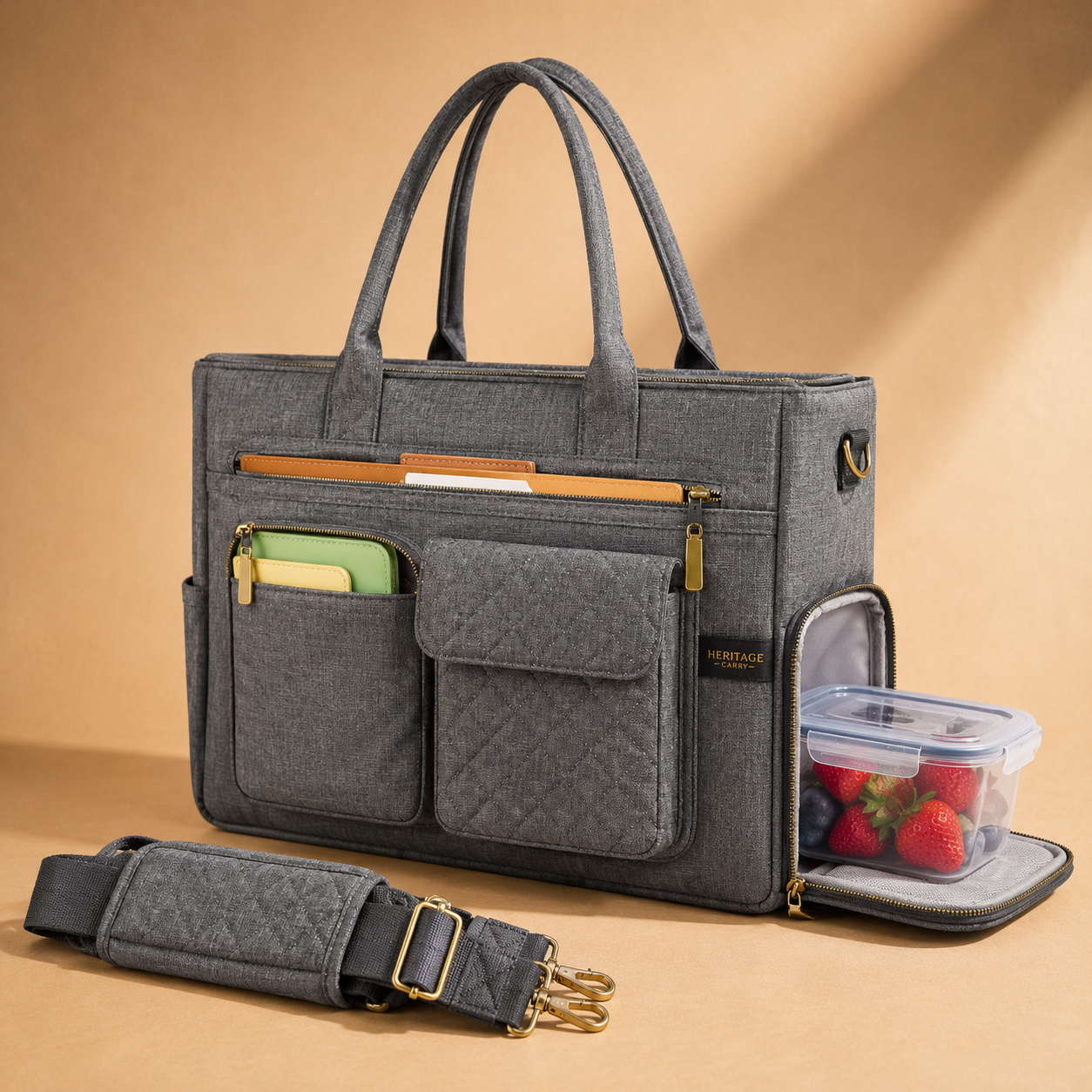 Multi-Pocket Laptop Tote Bag for Women – 15.6" Work Bag with Insulated Lunch Compartment & Adjustable Shoulder Strap