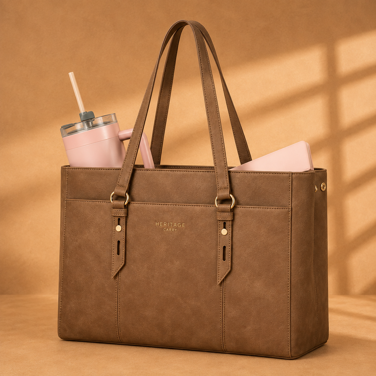 Vintage Leather Laptop Work Tote – Spacious Multi-Pocket Bag for Women