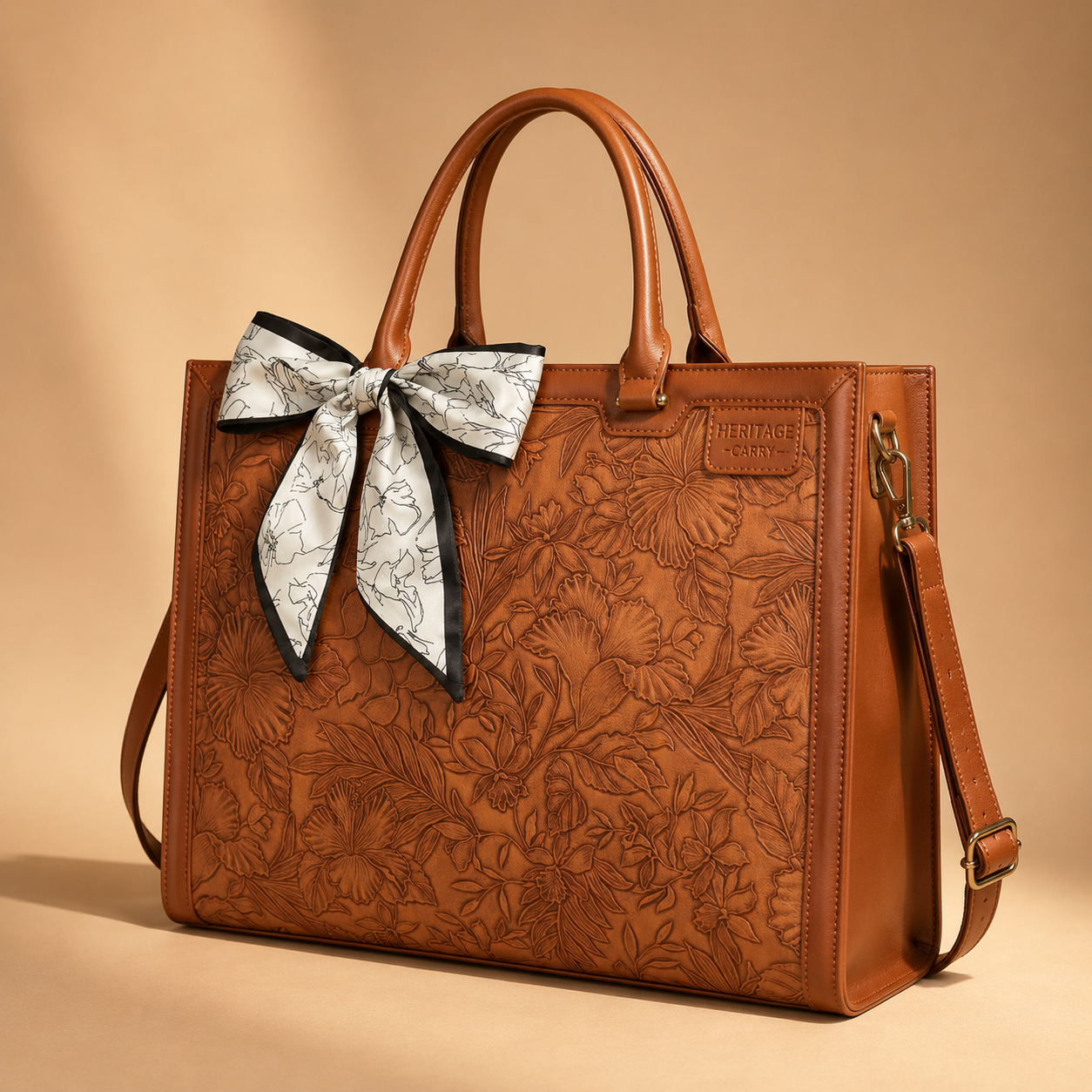 Floral Embossed Leather Laptop Tote – Elegant Work & Everyday Bag