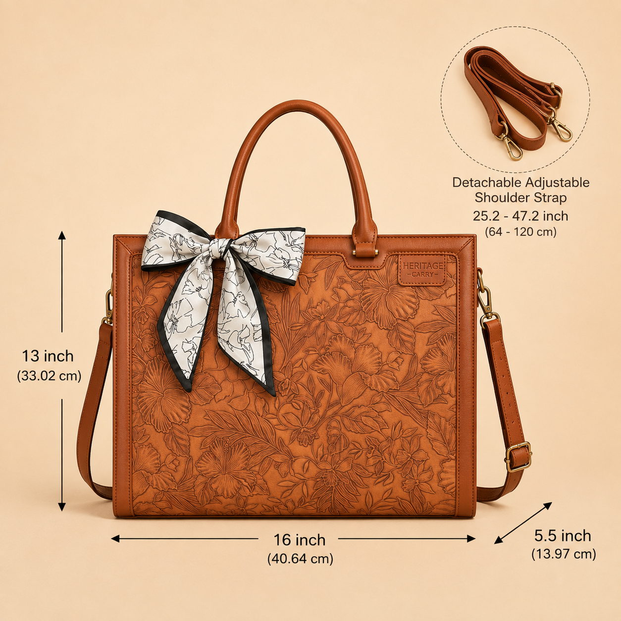 Floral Embossed Leather Laptop Tote – Elegant Work & Everyday Bag