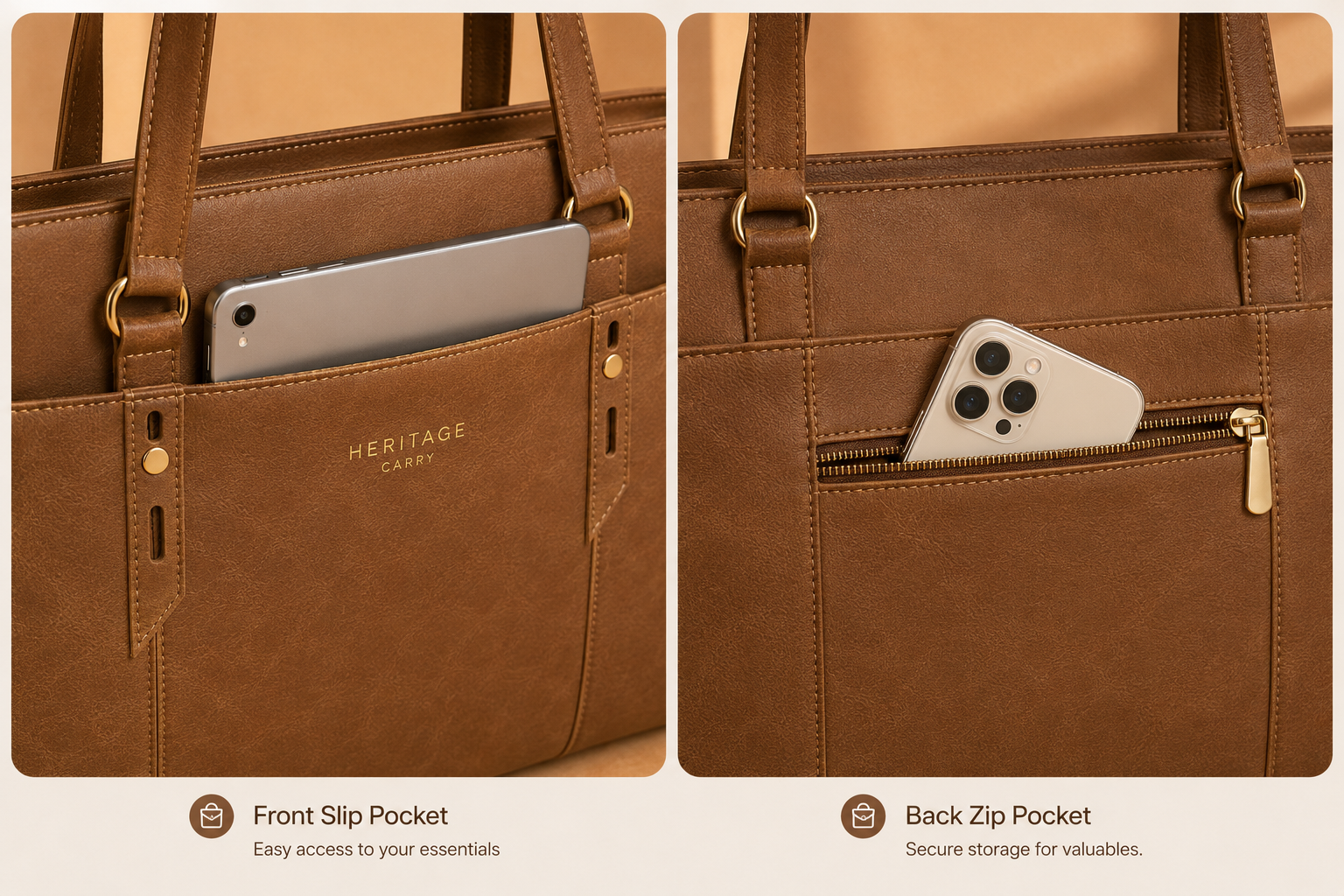 Vintage Leather Laptop Work Tote – Spacious Multi-Pocket Bag for Women
