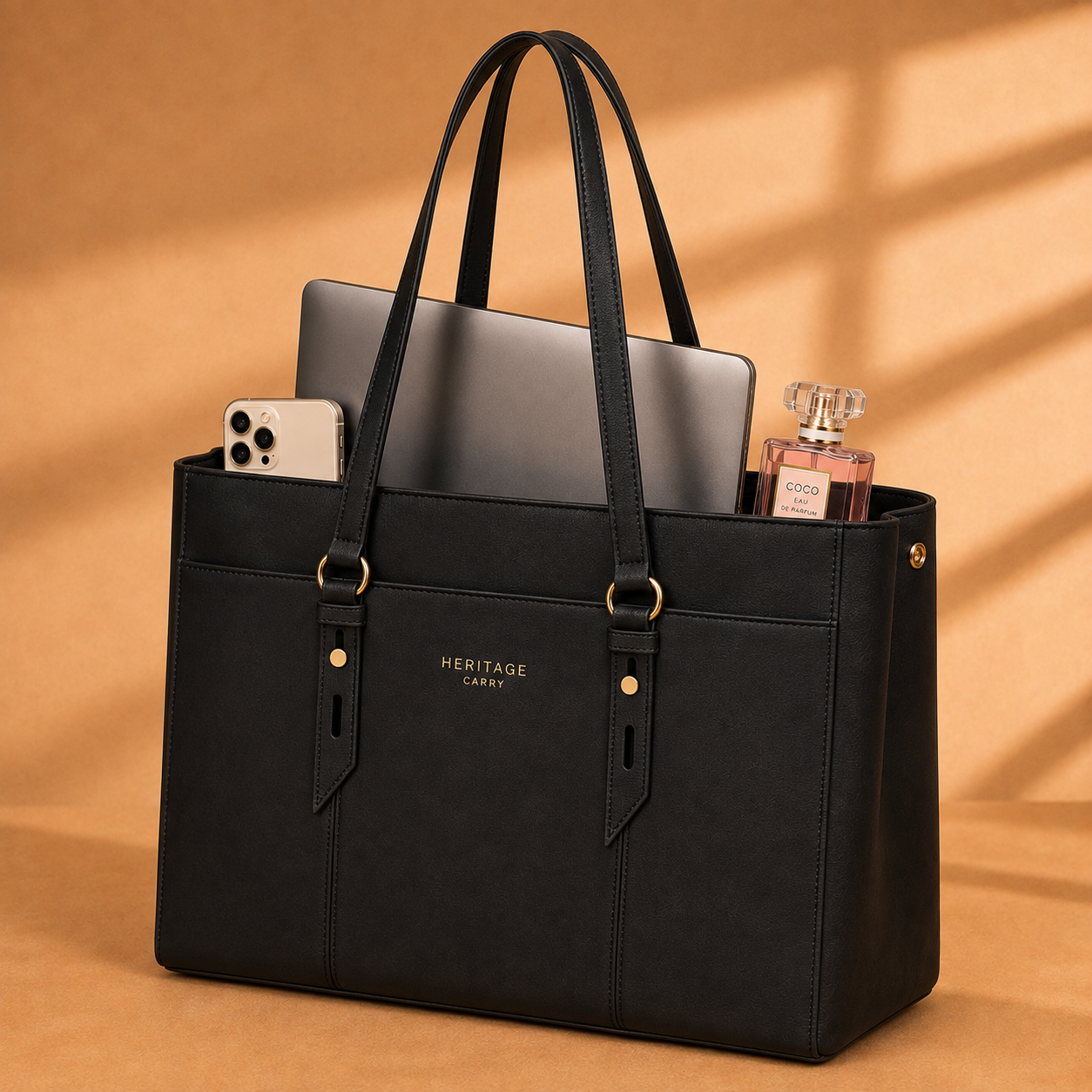 Vintage Leather Laptop Work Tote – Spacious Multi-Pocket Bag for Women