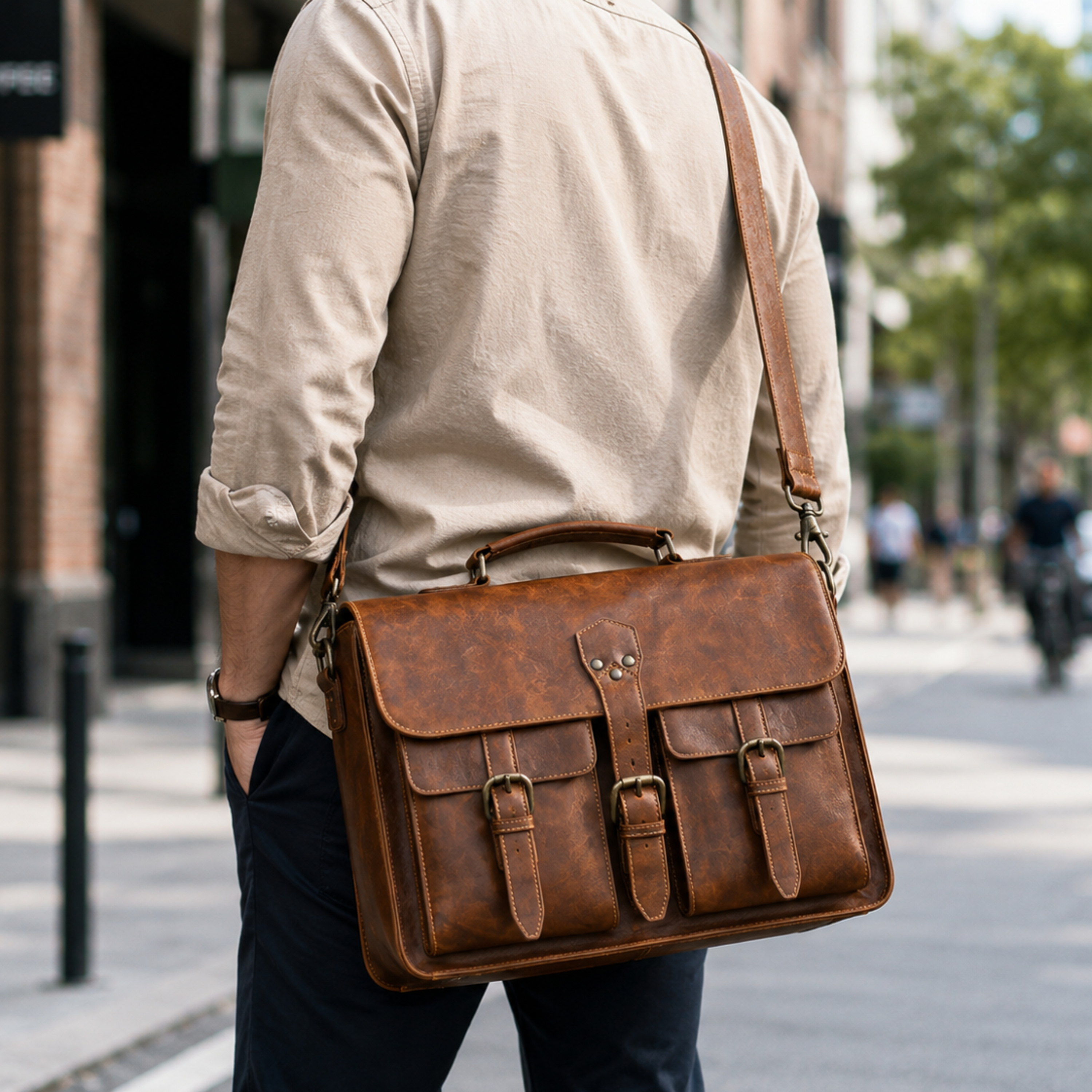 Vintage Leather Laptop Briefcase & Messenger Bag – Large Brown Work Bag with Adjustable Shoulder Strap