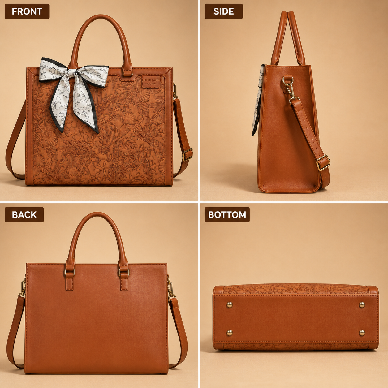 Floral Embossed Leather Laptop Tote – Elegant Work & Everyday Bag
