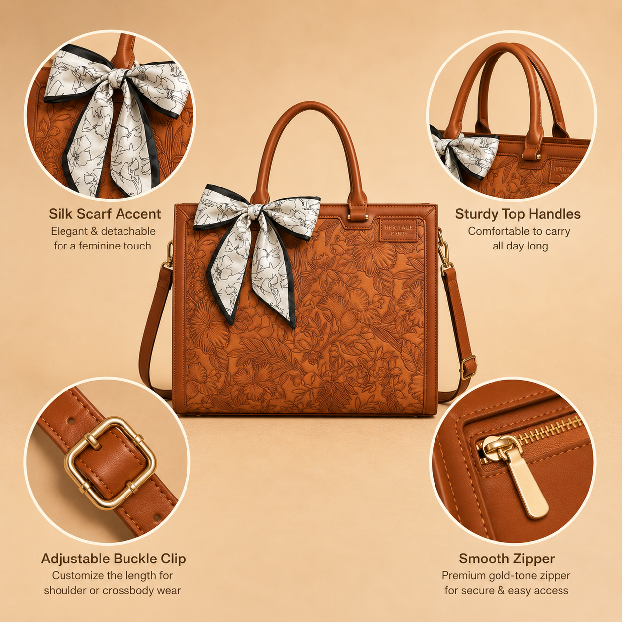 Floral Embossed Leather Laptop Tote – Elegant Work & Everyday Bag