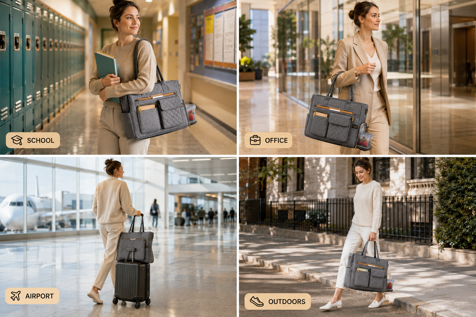 Multi-Pocket Laptop Tote Bag for Women – 15.6" Work Bag with Insulated Lunch Compartment & Adjustable Shoulder Strap