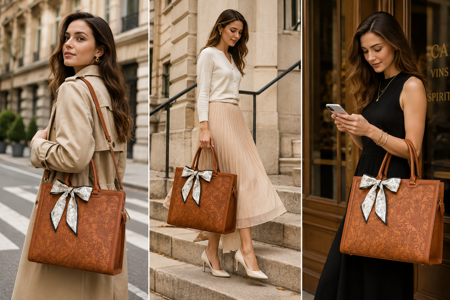 Floral Embossed Leather Laptop Tote – Elegant Work & Everyday Bag