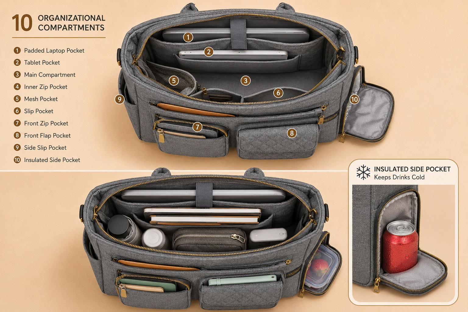 Multi-Pocket Laptop Tote Bag for Women – 15.6" Work Bag with Insulated Lunch Compartment & Adjustable Shoulder Strap