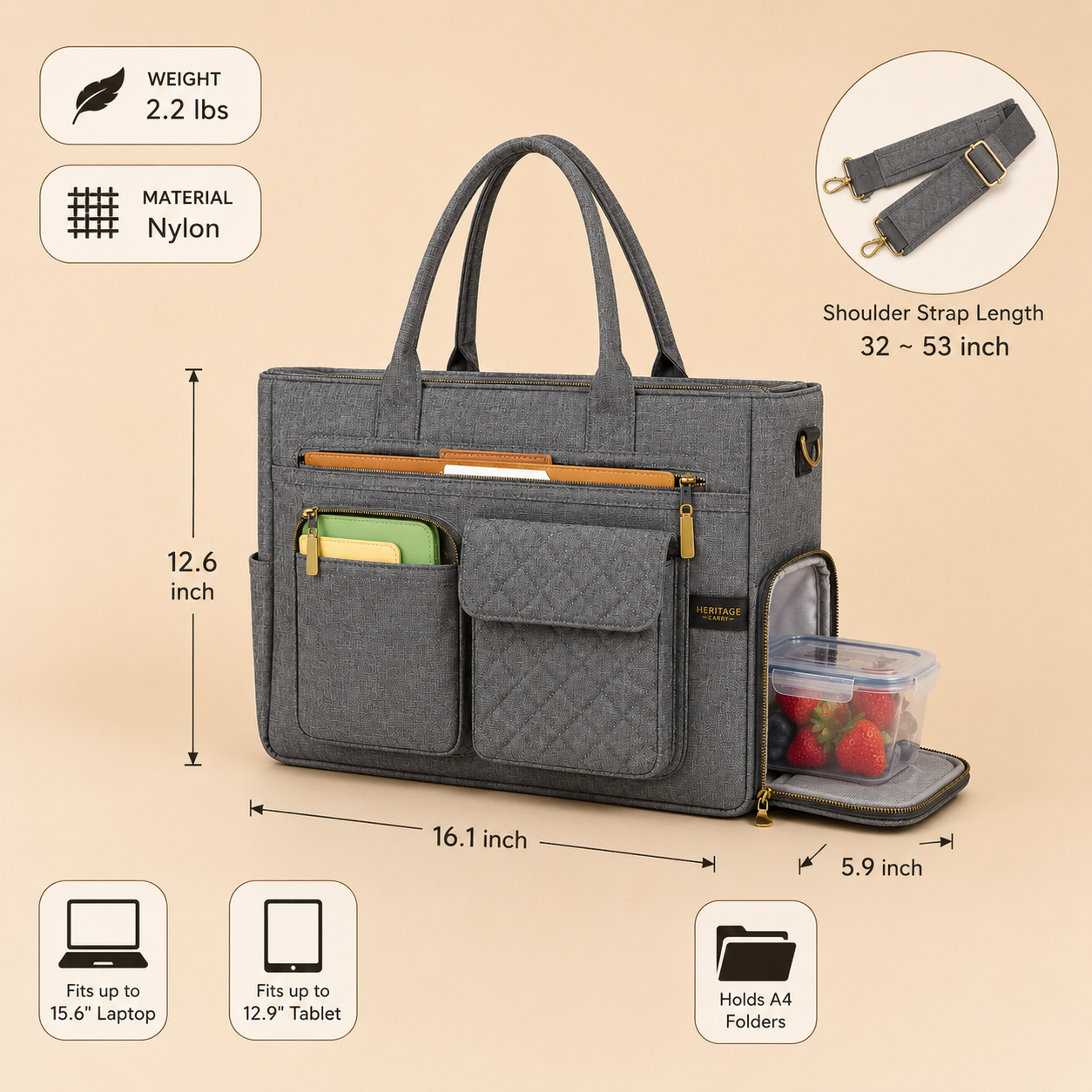Multi-Pocket Laptop Tote Bag for Women – 15.6" Work Bag with Insulated Lunch Compartment & Adjustable Shoulder Strap