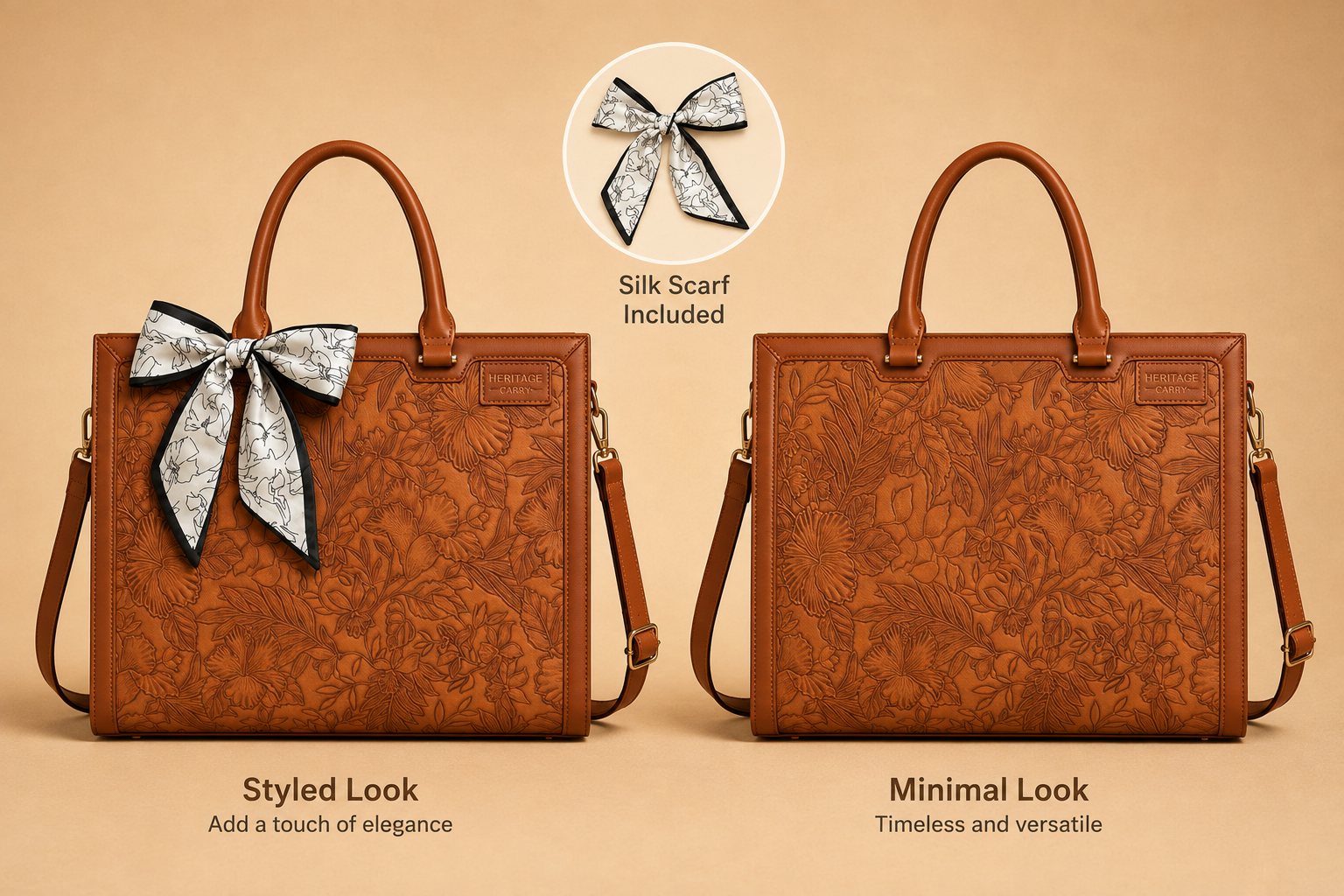 Floral Embossed Leather Laptop Tote – Elegant Work & Everyday Bag