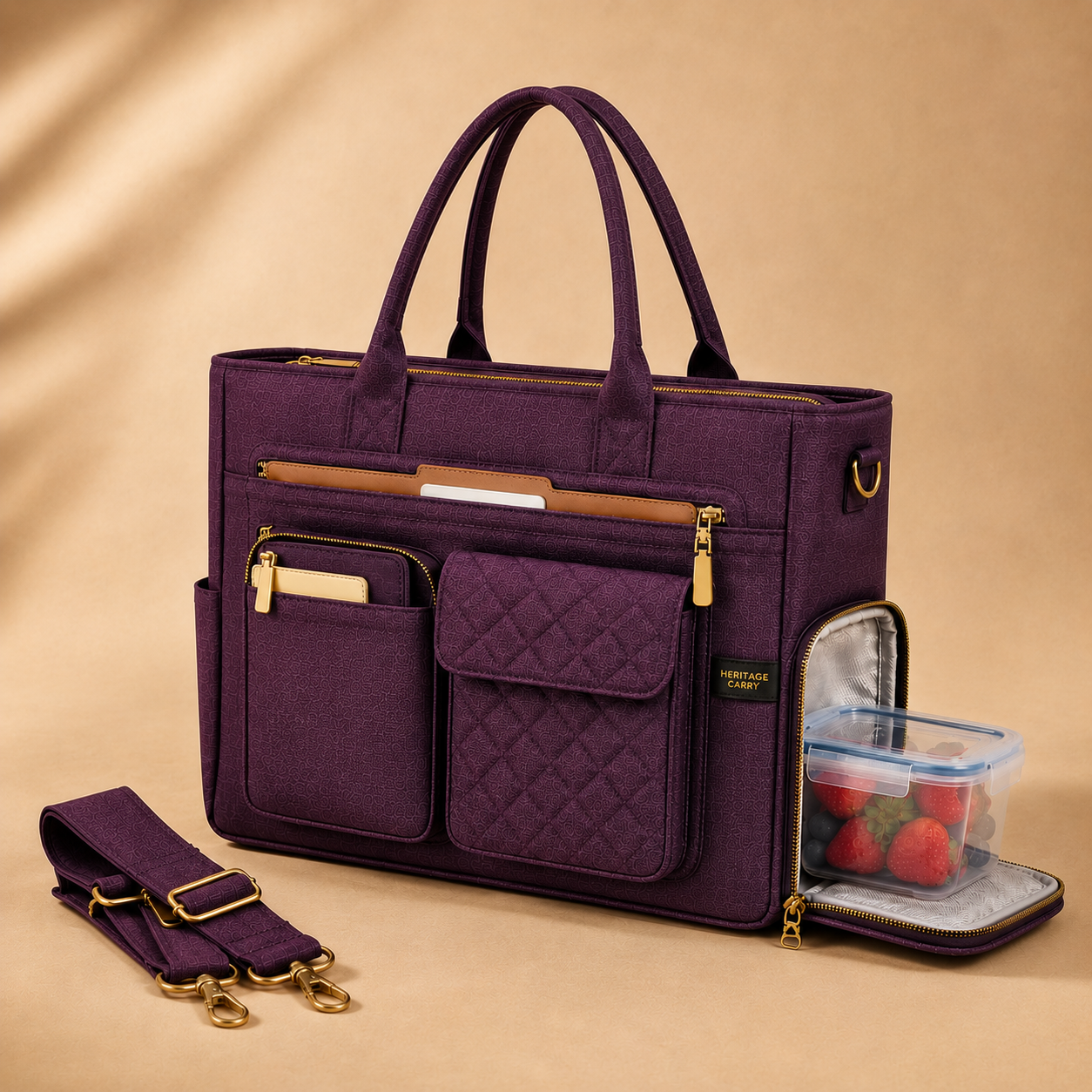 Multi-Pocket Laptop Tote Bag for Women – 15.6" Work Bag with Insulated Lunch Compartment & Adjustable Shoulder Strap