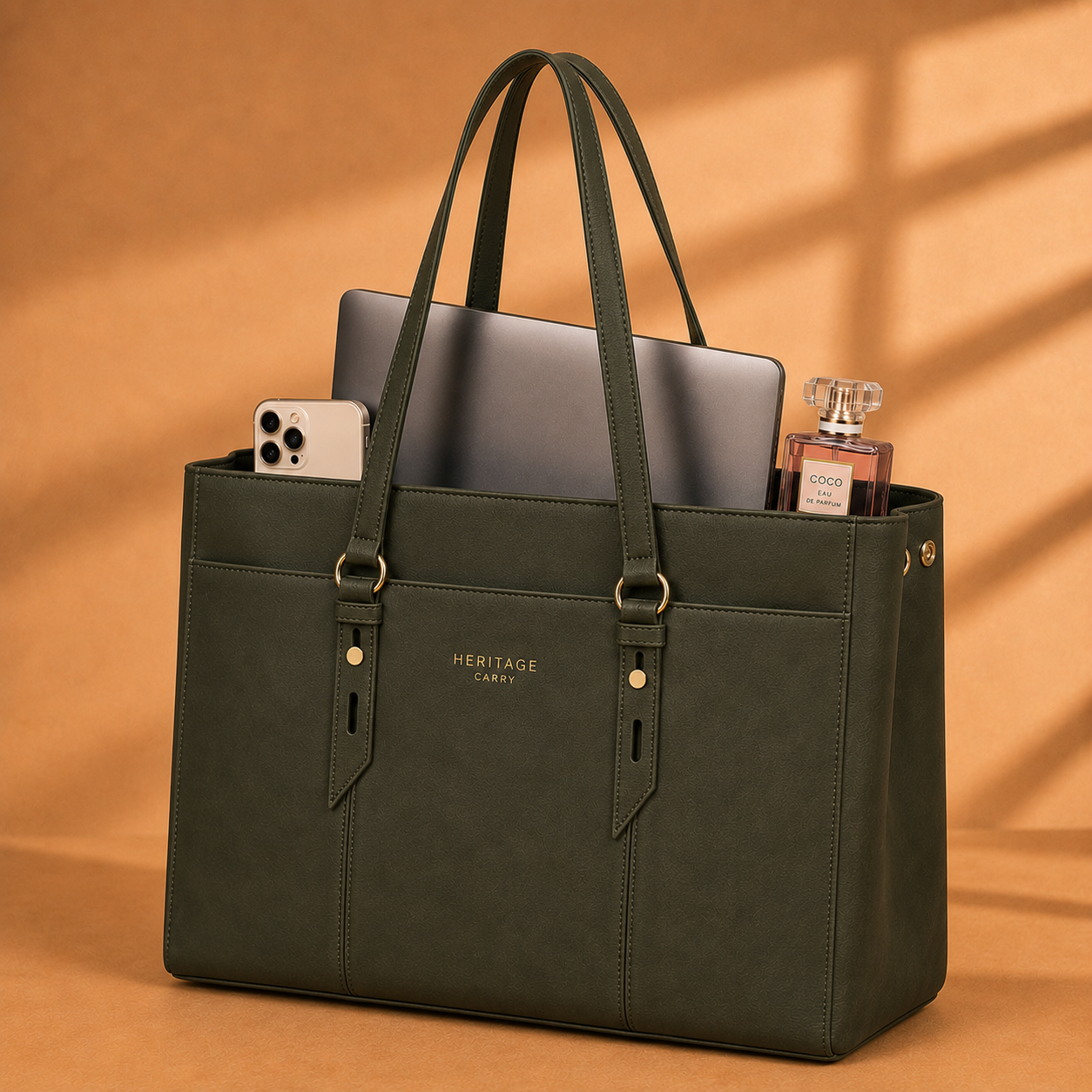 Vintage Leather Laptop Work Tote – Spacious Multi-Pocket Bag for Women