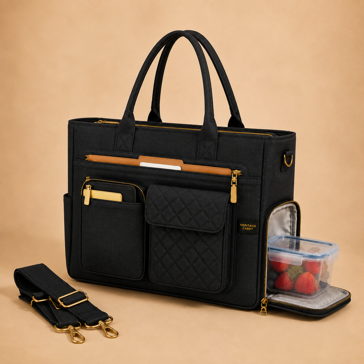 Multi-Pocket Laptop Tote Bag for Women – 15.6" Work Bag with Insulated Lunch Compartment & Adjustable Shoulder Strap