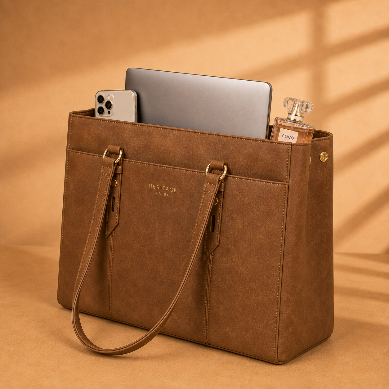 Vintage Leather Laptop Work Tote – Spacious Multi-Pocket Bag for Women