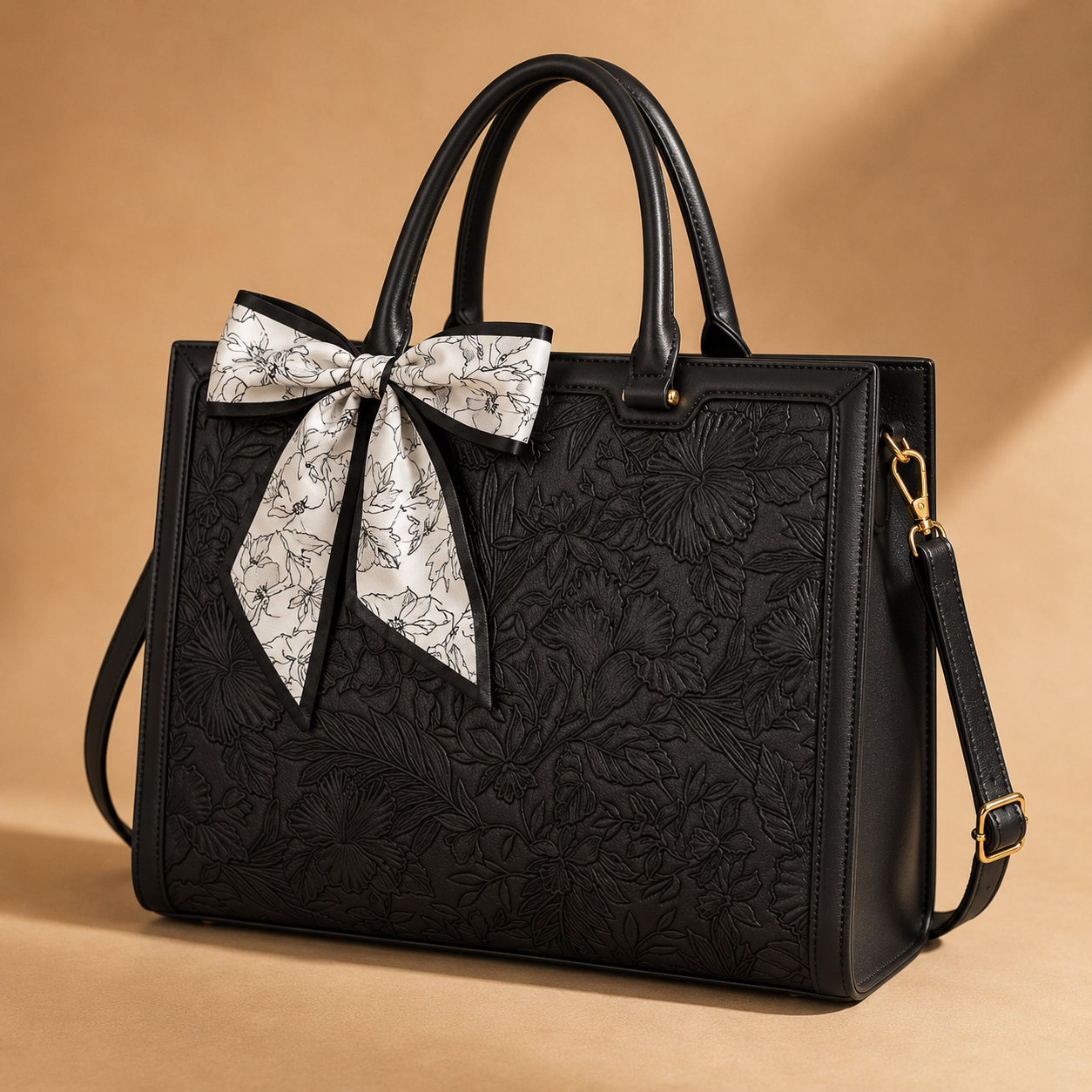 Floral Embossed Leather Laptop Tote – Elegant Work & Everyday Bag